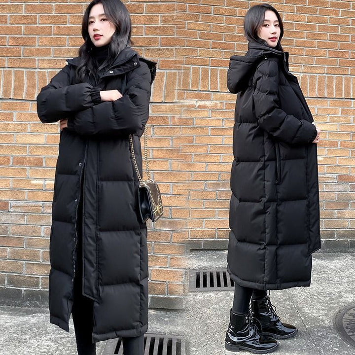 Women's Black Longline Hooded Padded Winter Coat, Front And Side Views.