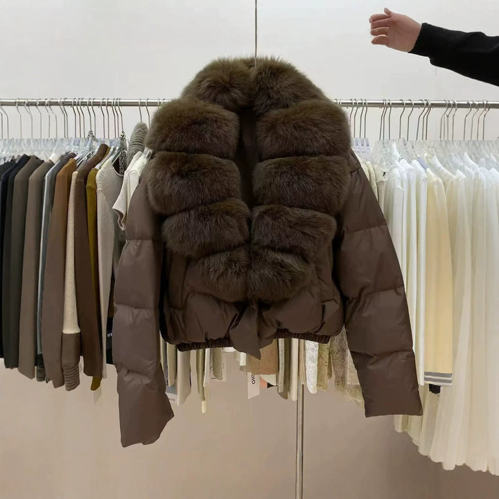 Front View Of Brown Women's Cropped Puffer Jacket With Matching Fur Collar