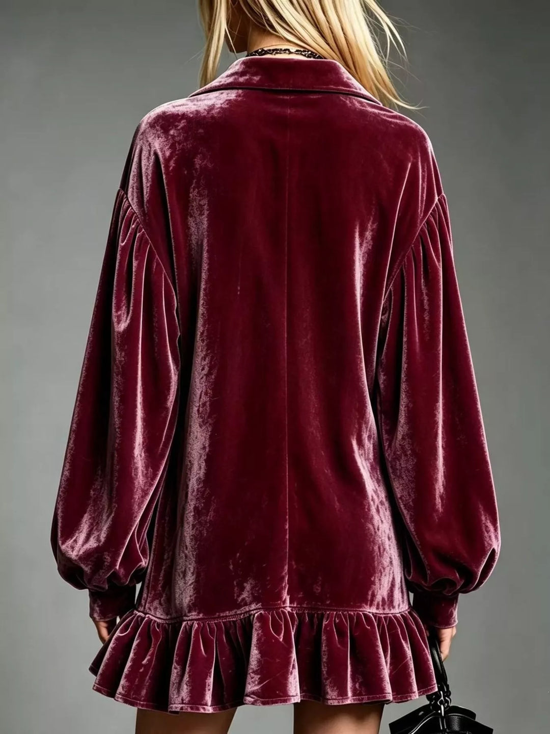 Wine red velvet long-sleeve mini dress, back view, with ruffle hem