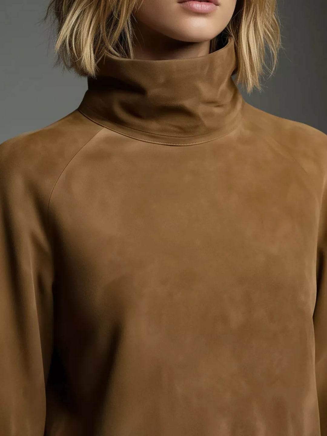 Brown suede turtleneck mini dress neckline close-up, long lantern sleeve cuff