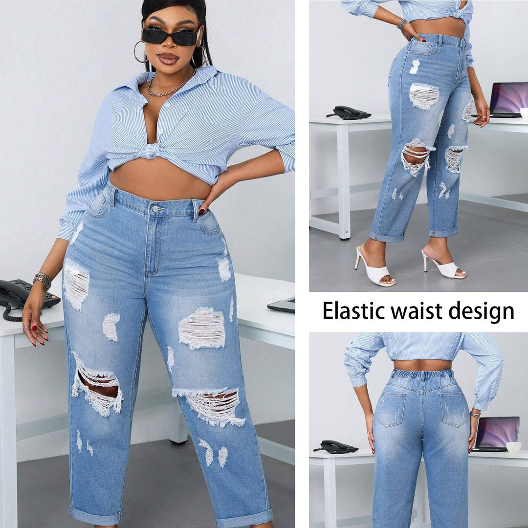 Woman wearing distressed blue jeans with an elastic waist design in a modern office setting.