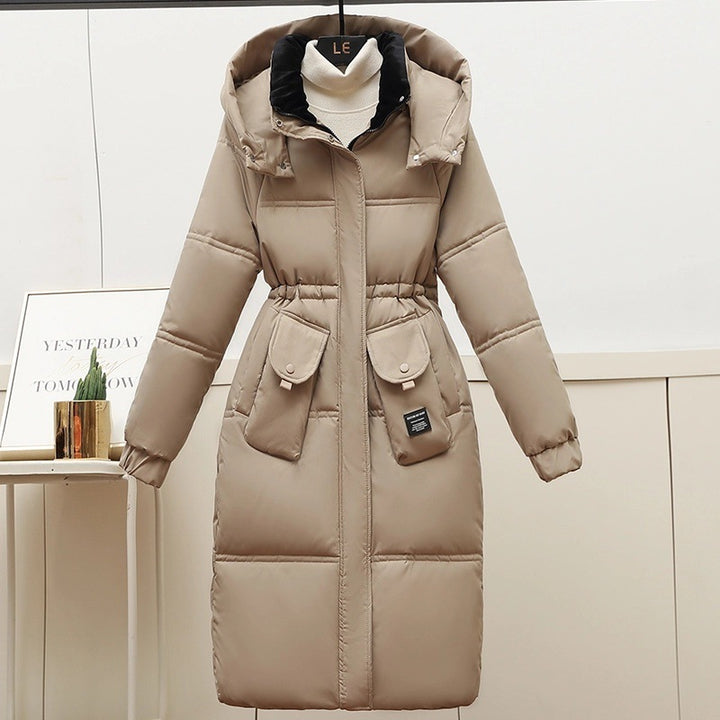 Khaki Women's Plus Size Hooded Puffer Coat With Long Quilted Body And Snap Flap Pockets