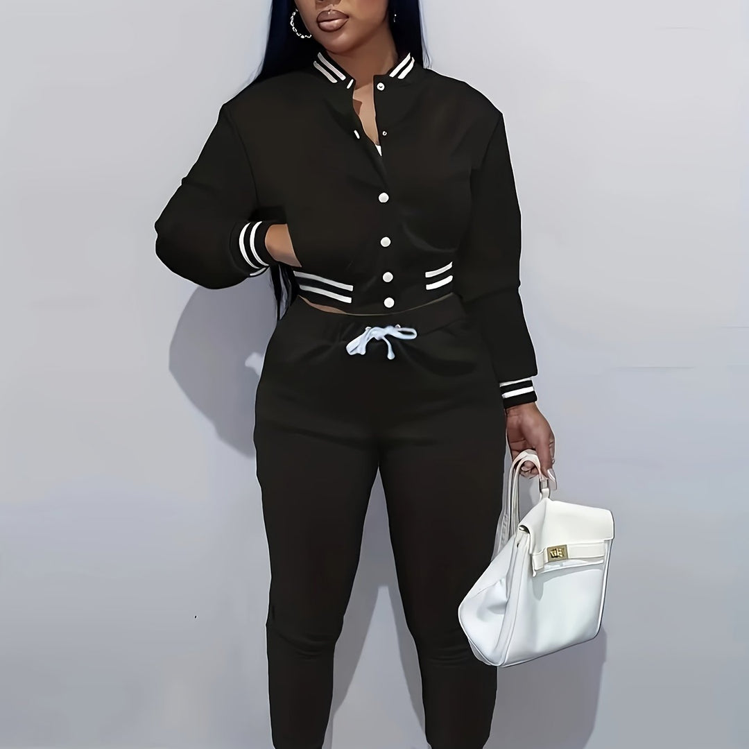 Trendy Streetwear Crop Baseball Jacket & Pants Set - Flossy Mom
