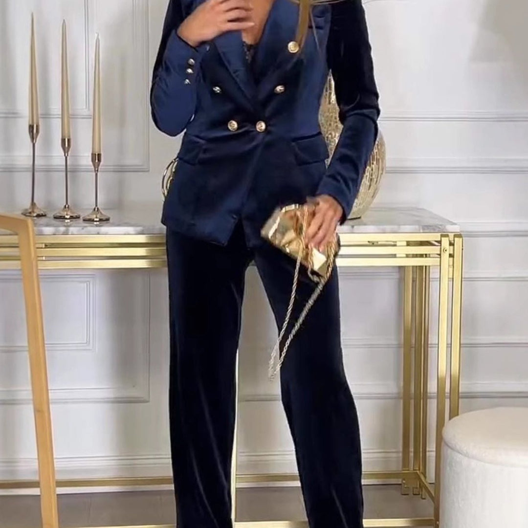 Classy Plus Size Velvet Suit- Double-breasted Blazer & Pants - Gen U Us Products