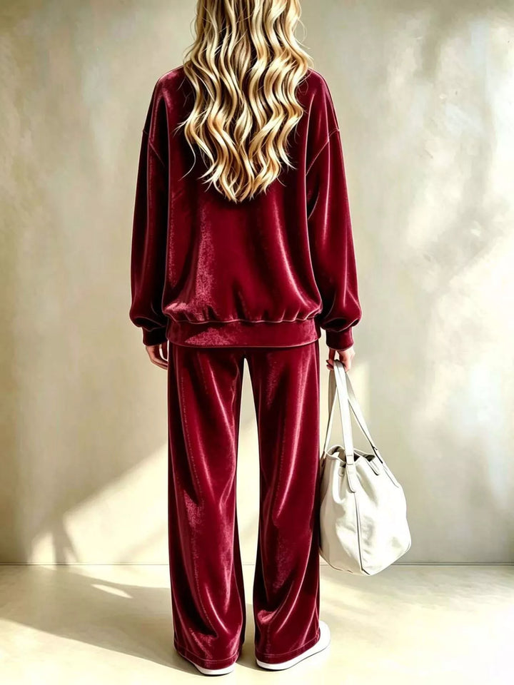 Women's Burgundy Velvet Top And Wide-Leg Pants Set, Back View