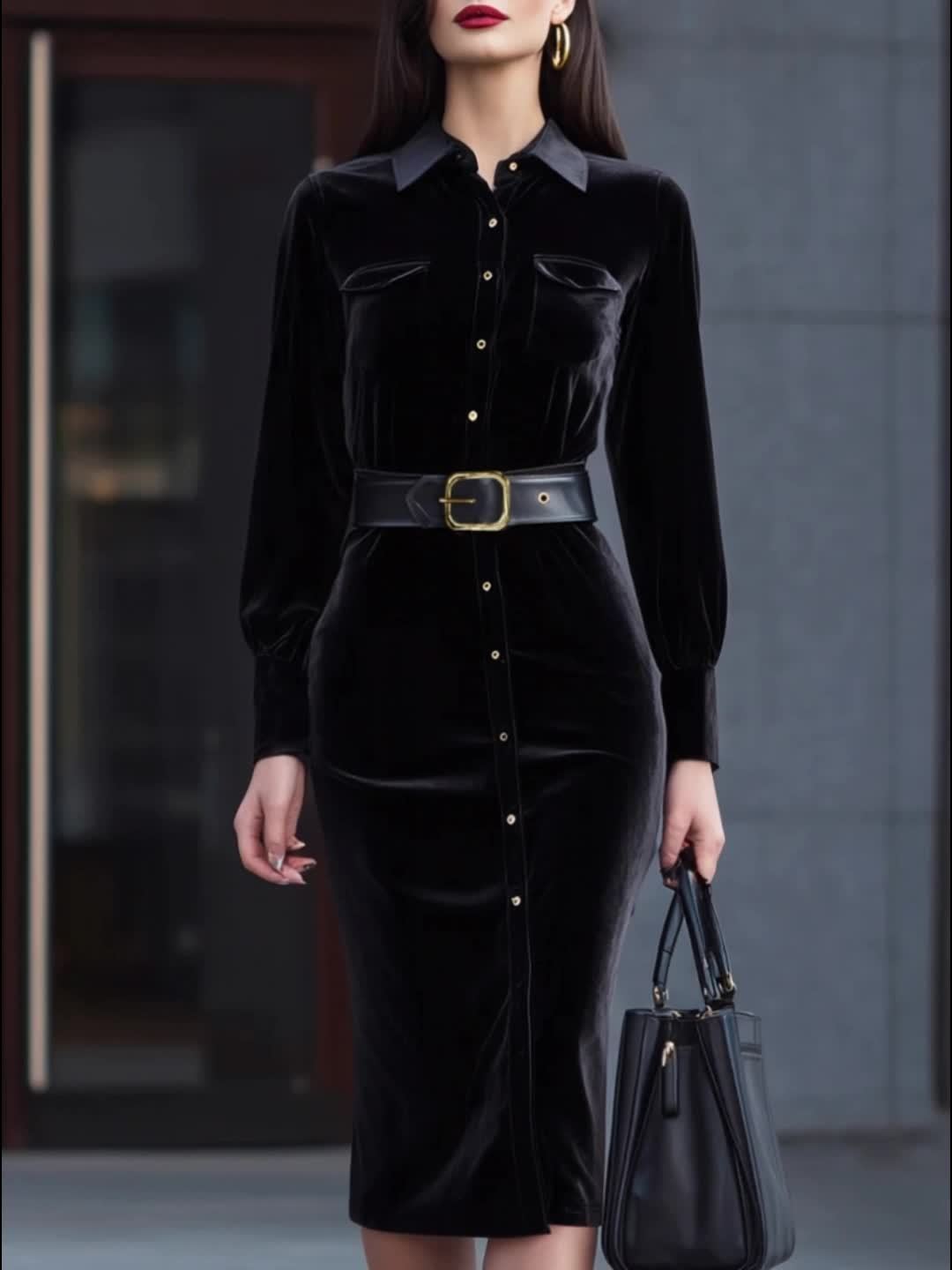 Power Dressing Black Velvet Golden Button Dress - Flossy Mom