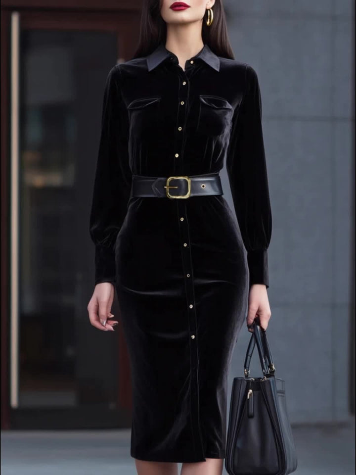 Power Dressing Black Velvet Golden Button Dress - Flossy Mom