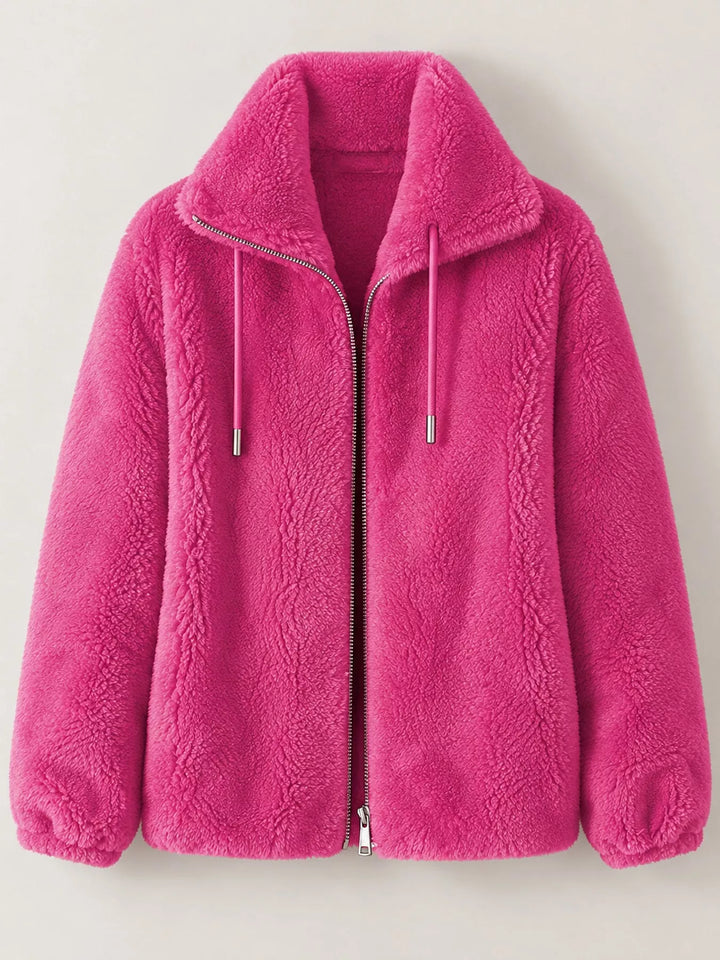 Fuchsia faux fur stand-collar zip jacket with drawstring cords and zipper front