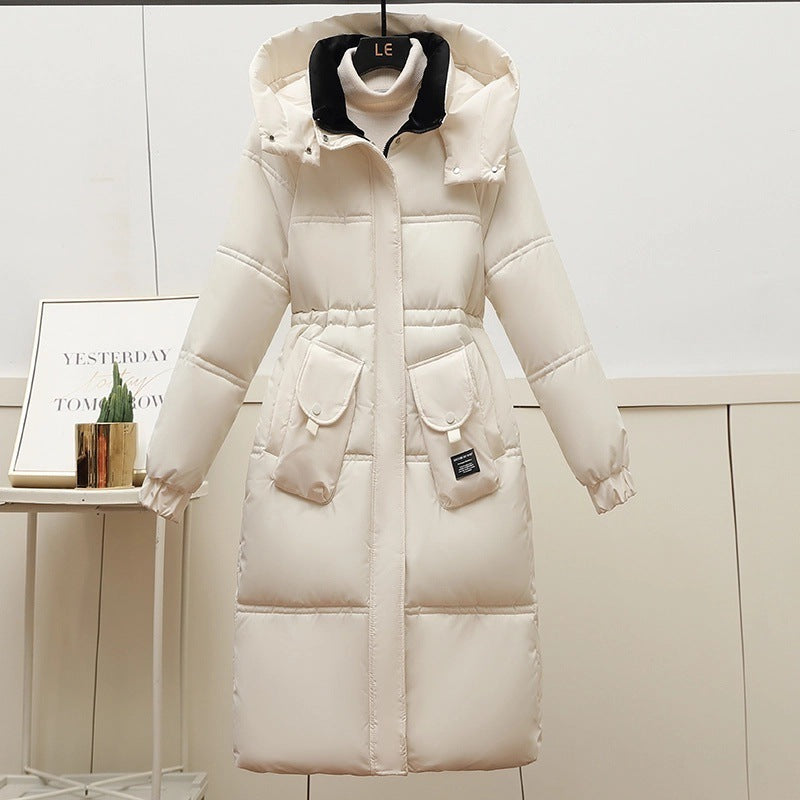 Cream Women's Plus Size Hooded Long Puffer Coat With Front Flap Pockets