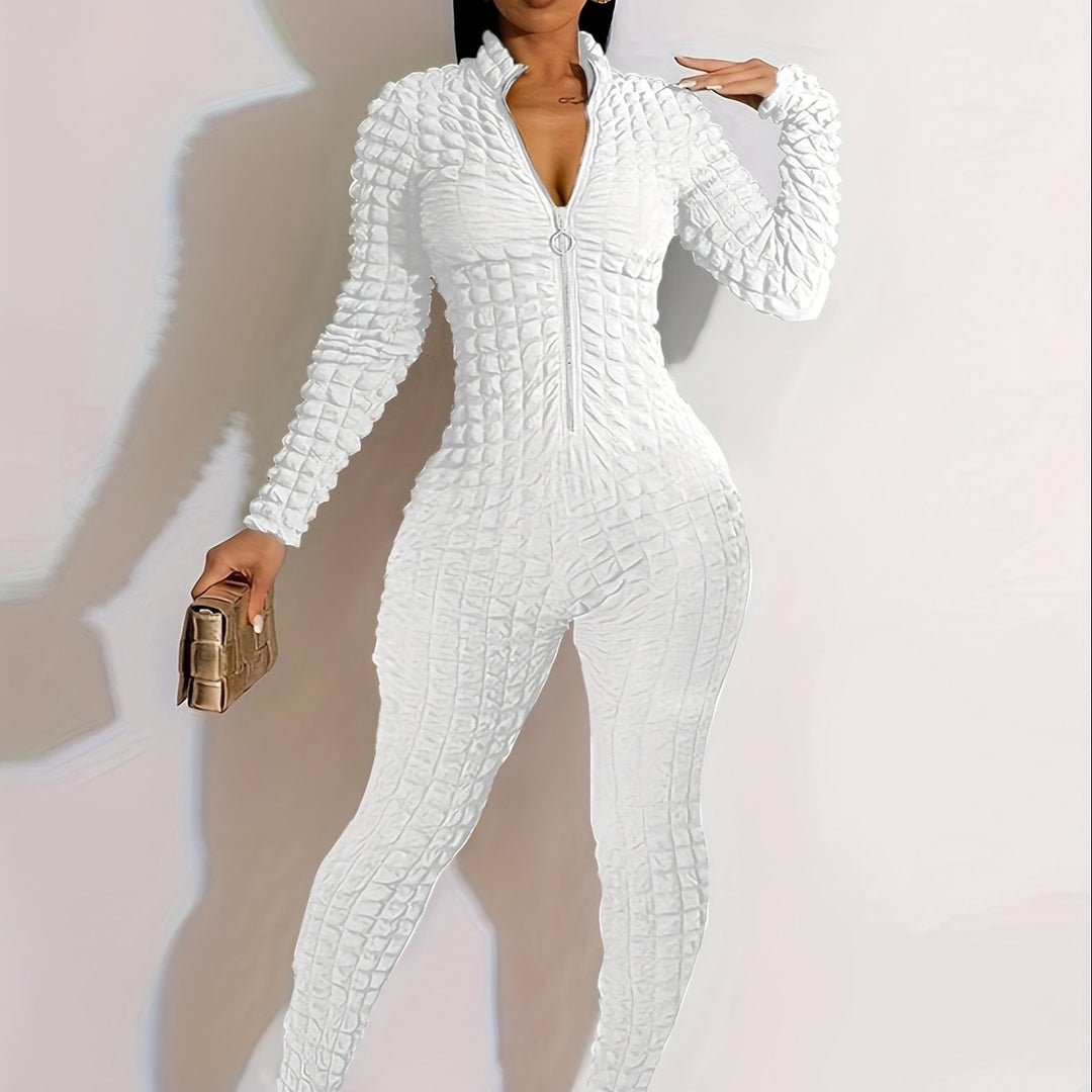 Sexy  Long Sleeve Puff Design Stretchy Zipper Jumpsuits - Flossy Mom