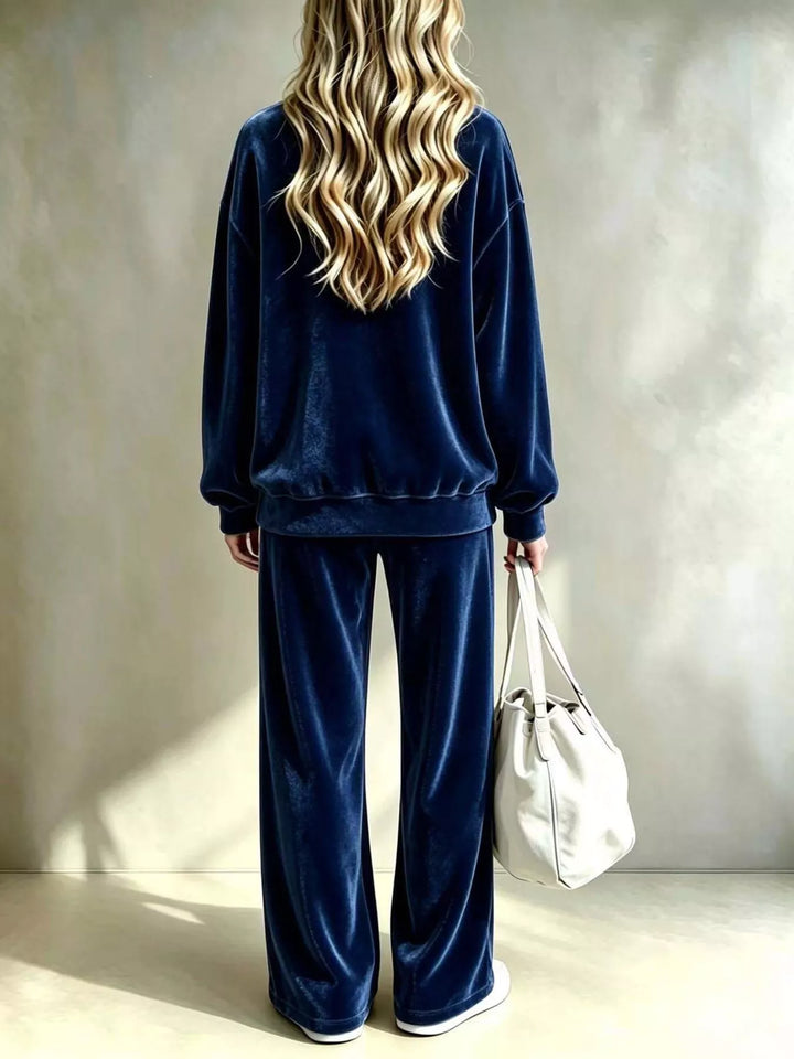 Women's Navy Velvet Top And Wide-Leg Pants Set, Back View