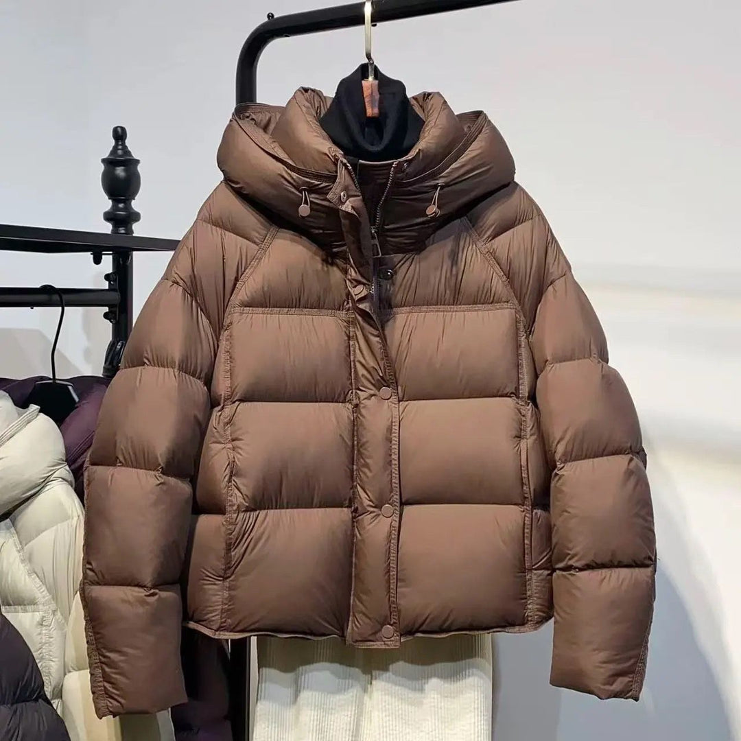 Women's plus size hooded puffer jacket, taupe beige, full front with hood and zipper