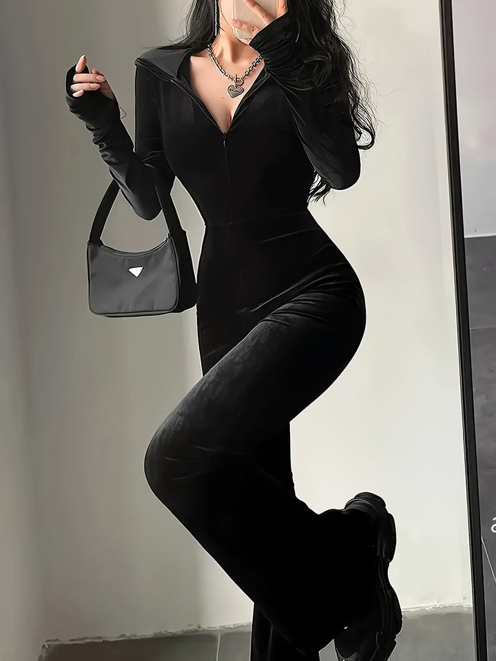 Sleek Black Velvet Hooded Flared Leg Jumpsuits - Flossy Mom