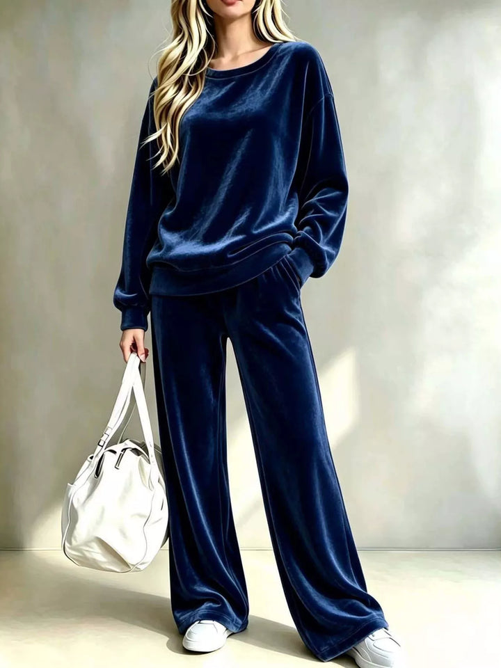 Women's Navy Velvet Two-Piece Set With Dropped-Shoulder Top And Wide-Leg Pants, Front View