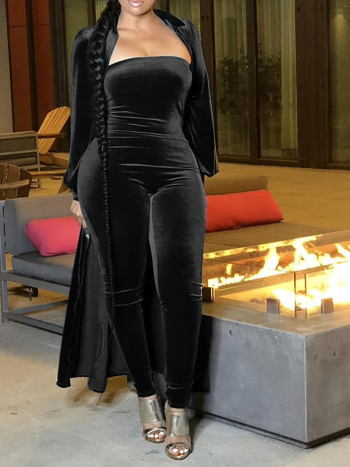 Silvery Fox Fur Velvet Form-Fitting Jumpsuit With Jacket - Flossy Mom