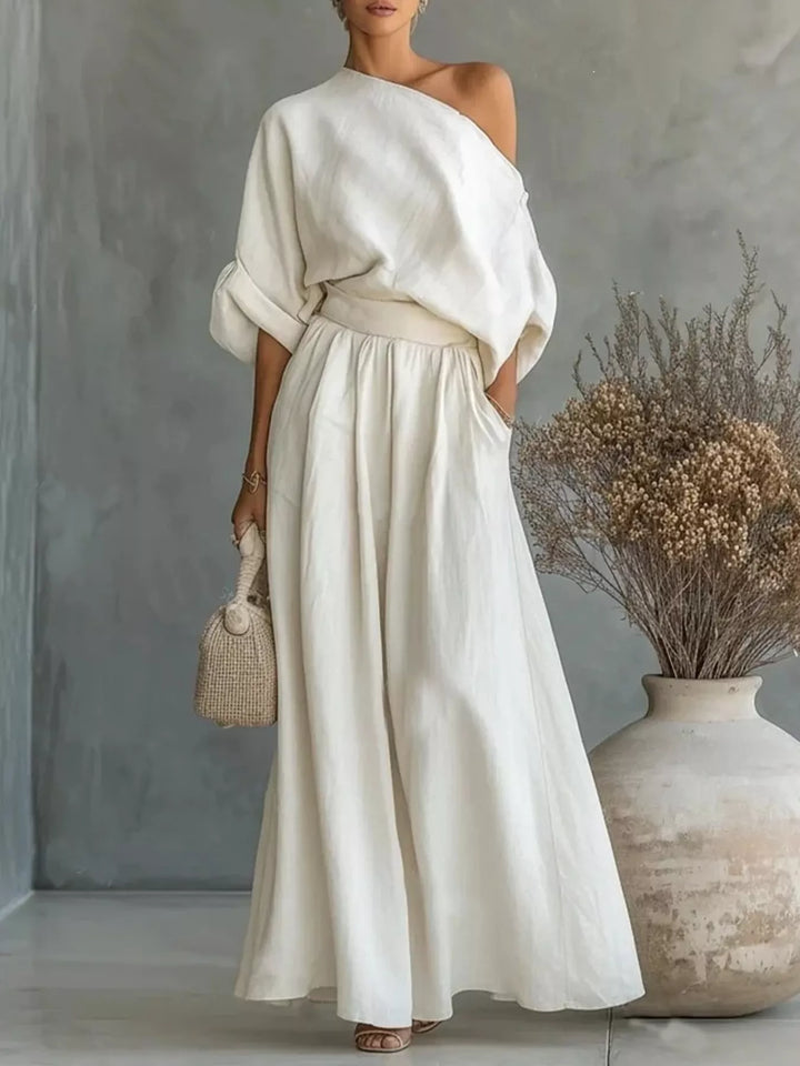 Plus-size one-shoulder top and wide-leg pants set, white
