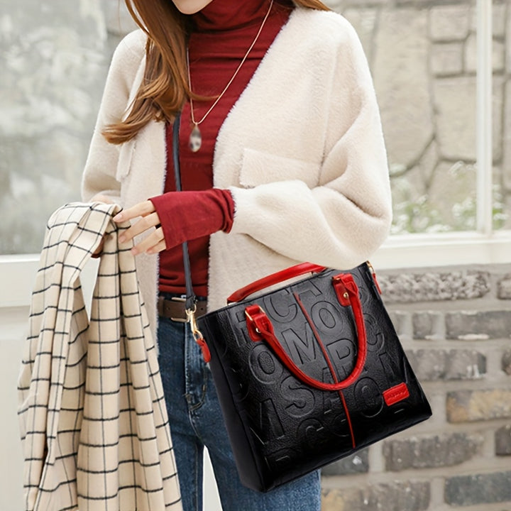 Top Handle Straps Zipper Letter Print PU Leather Handbags - Flossy Mom