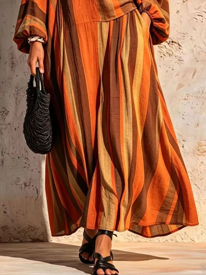 Women's Orange And Brown Striped Wide-Leg Pants, Pocket And Hem Detail