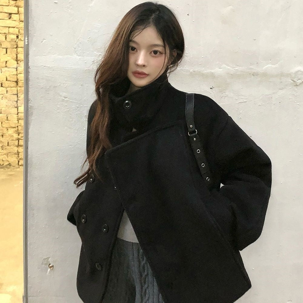 Black wool short coat with stand-up collar and belted wrap detail