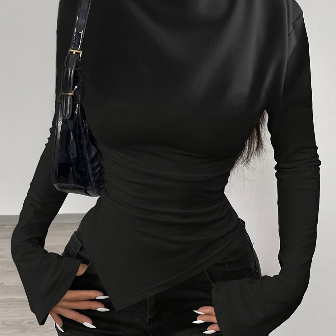 High Neck Wide Shoulder Asymmetrical Plus Size Black Shirts - Flossy Mom