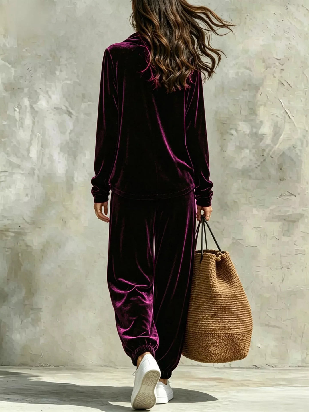 Purple velvet long-sleeve cowl-neck top and jogger pants set, back view