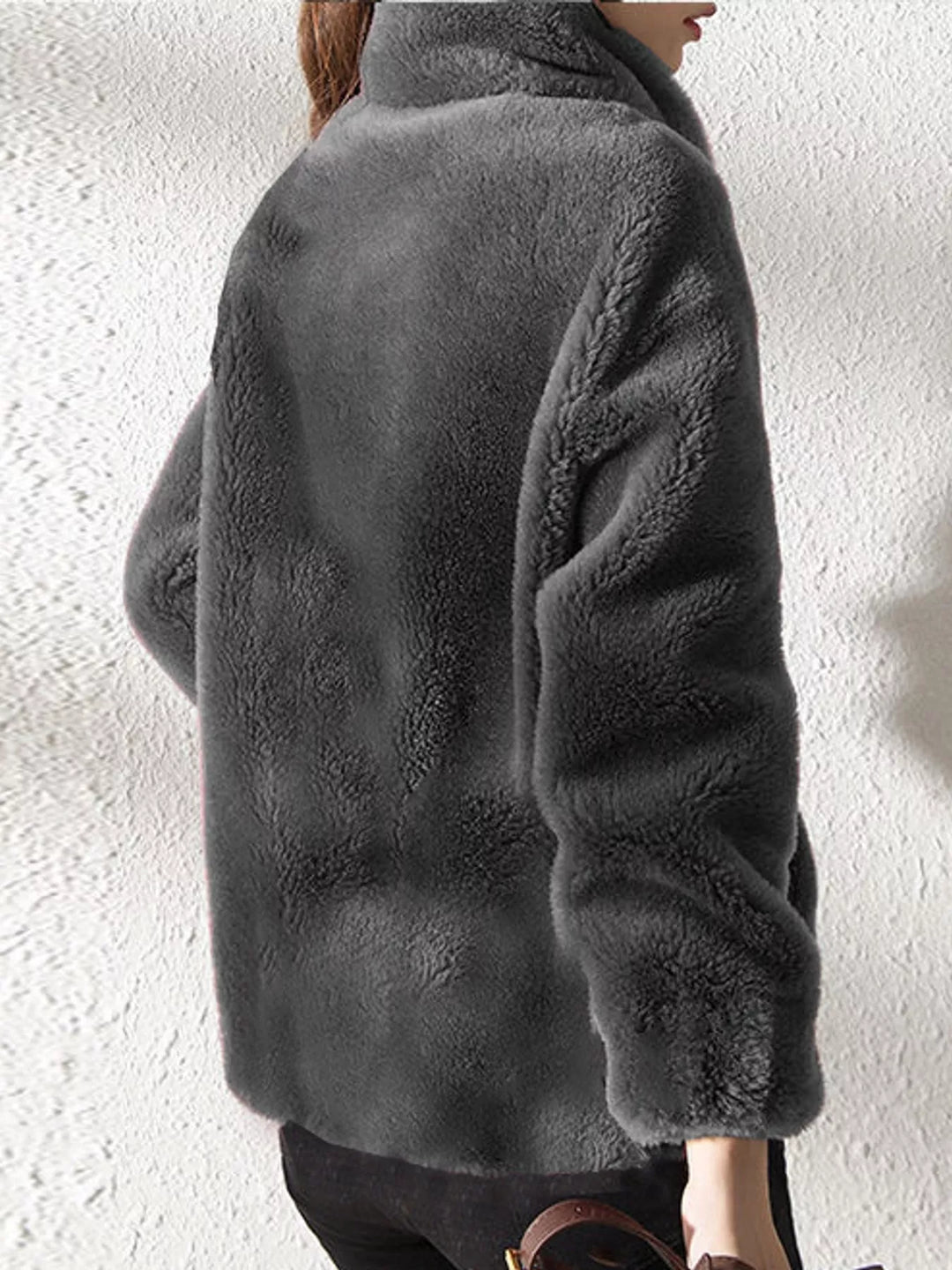 Plus size faux fur zip jacket, stand collar, dark gray, side view