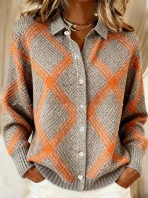9fcf4Women's Plus Size Gray And Orange Diamond-Pattern Knit Sweater With Pointed Collar, Front Buttons And Ribbed Cuffs, Close-Up View.88c7246348a53924c403e5849b4