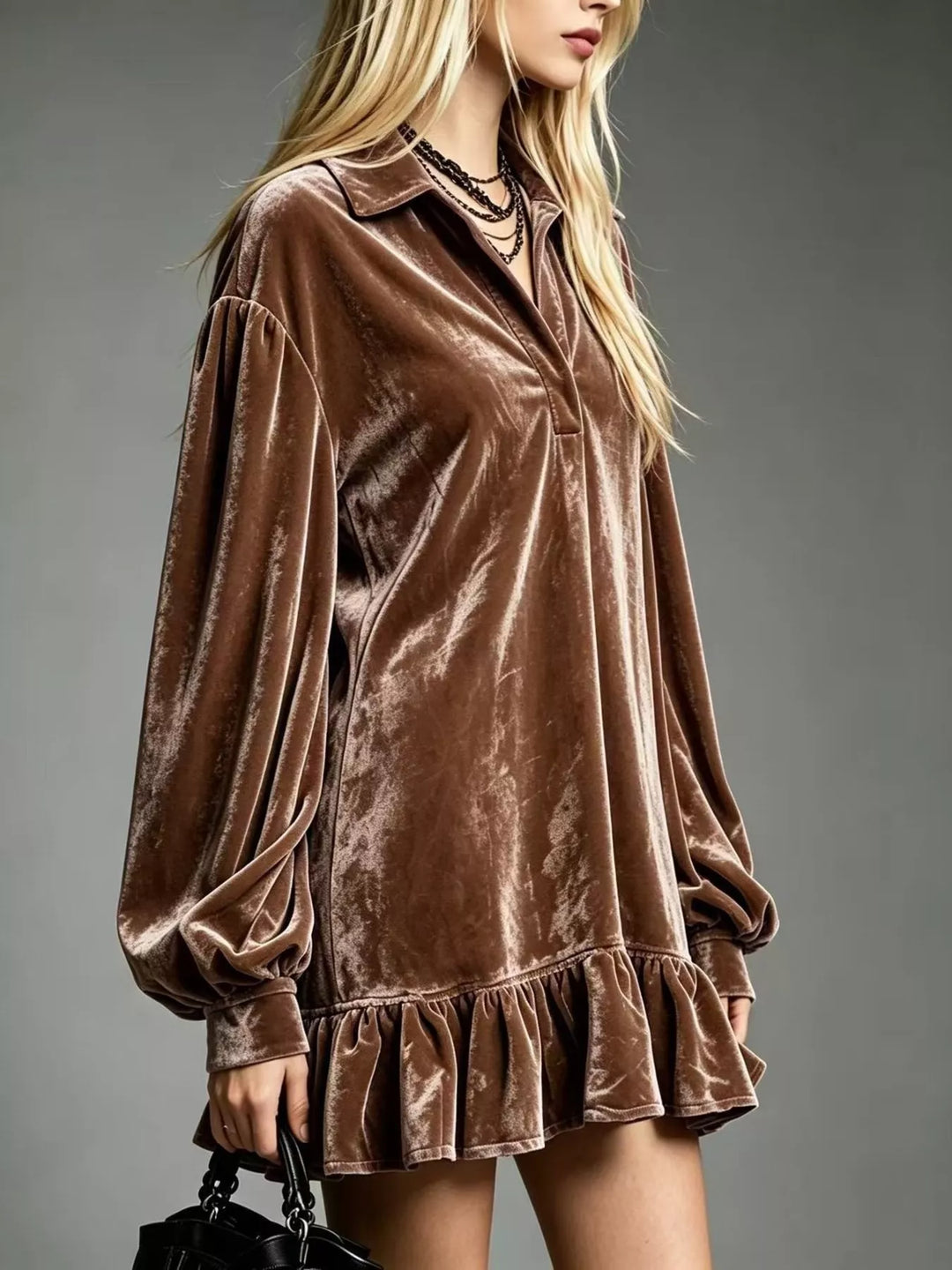 Brown velvet long-sleeve mini dress with button front and ruffle hem, puff sleeves
