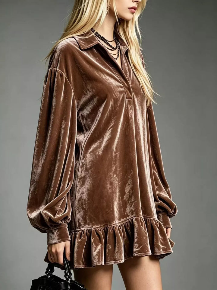 Brown velvet long-sleeve mini dress with button front and ruffle hem, puff sleeves
