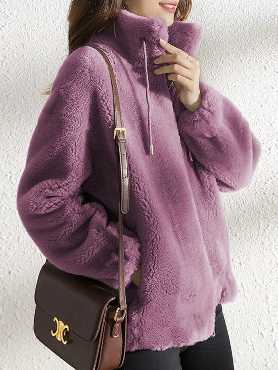 Plus size faux fur zip jacket with stand collar, purple, long sleeves and zip closure