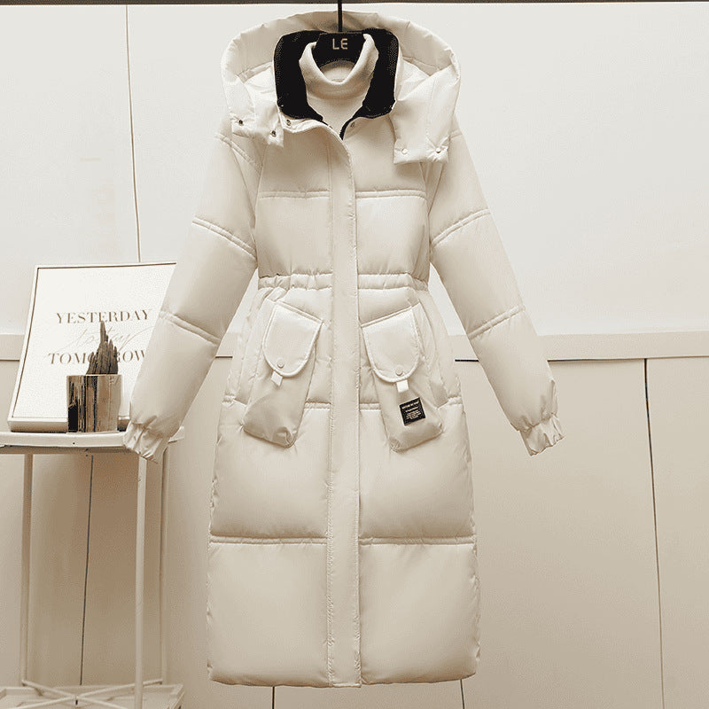 Front View Of Cream Women's Plus Size Puffer Coat With Cinched Waist And Hood