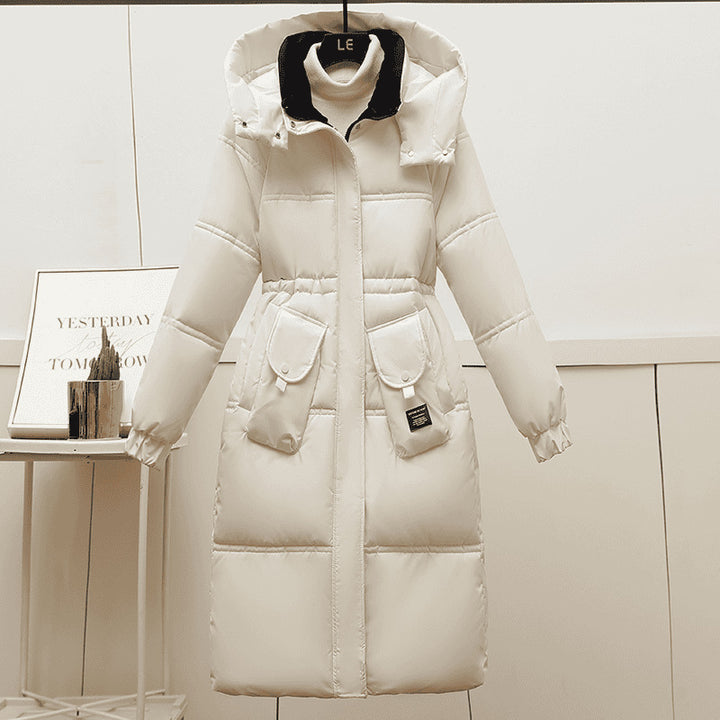 Front View Of Cream Women's Plus Size Puffer Coat With Cinched Waist And Hood