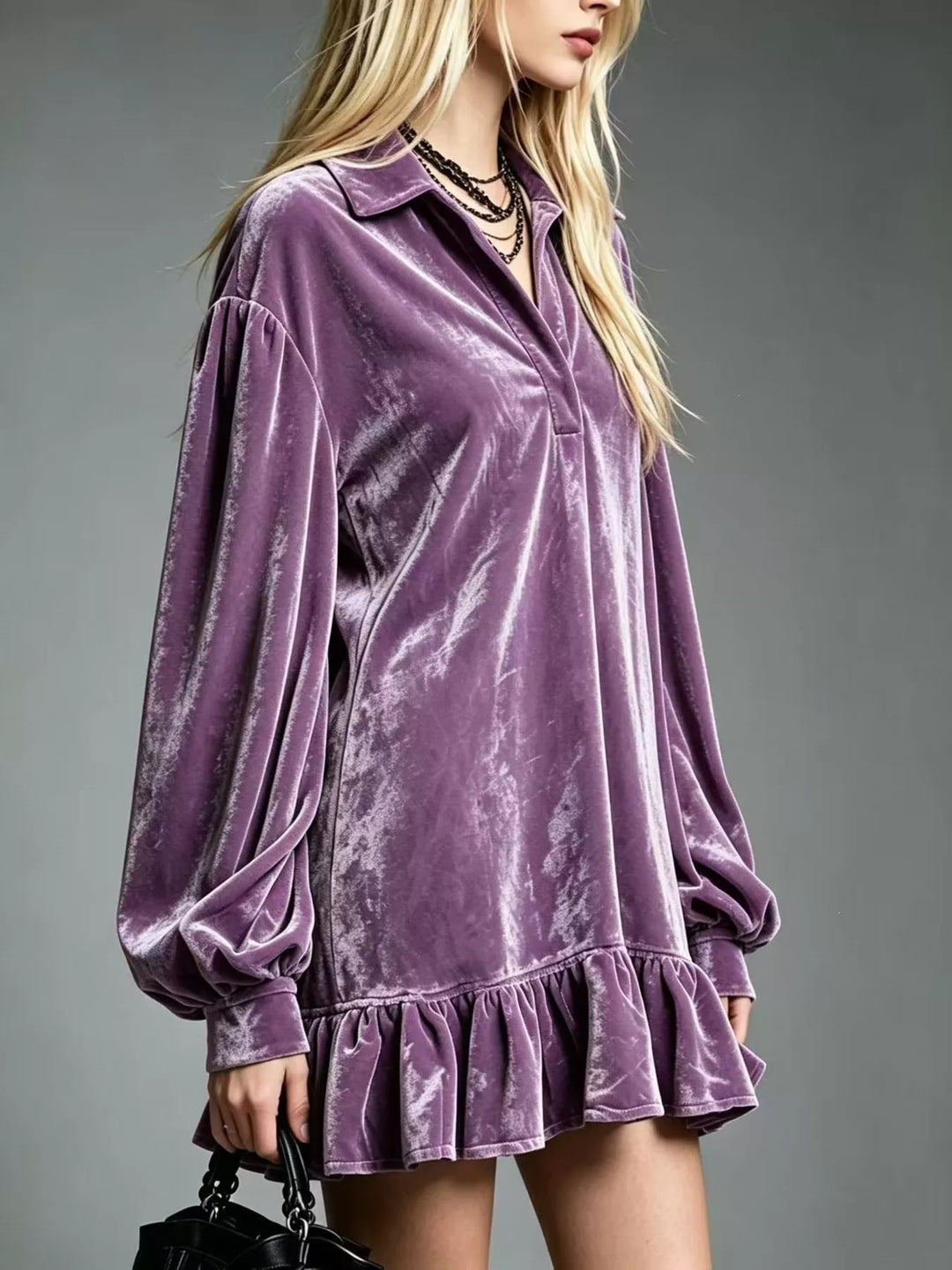 Dark violet velvet long-sleeve mini dress with gathered ruffle hem and V-neck