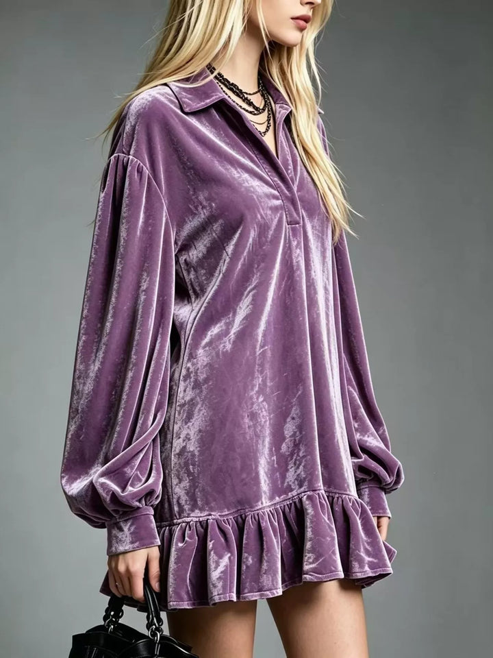 Dark violet velvet long-sleeve mini dress with gathered ruffle hem and V-neck