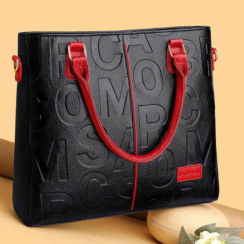 Top Handle Straps Zipper Letter Print PU Leather Handbags - Flossy Mom