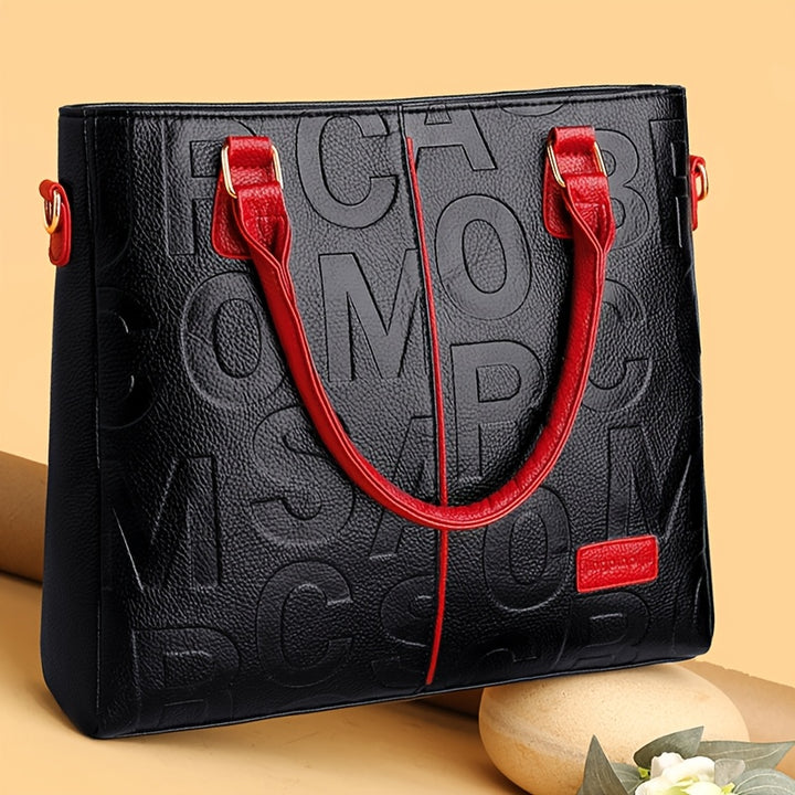 Top Handle Straps Zipper Letter Print PU Leather Handbags - Flossy Mom