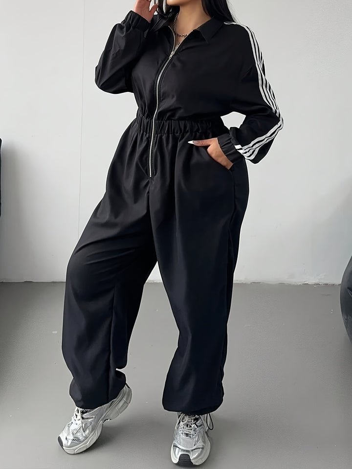 Comfy Loose-Fit Zip-Up Striped Plus Size Jumpsuits - Flossy Mom