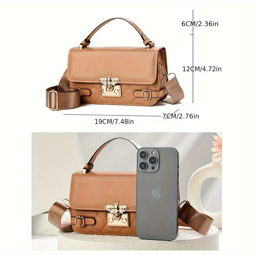 Brown handbag with measurements and a phone for scale on a white background