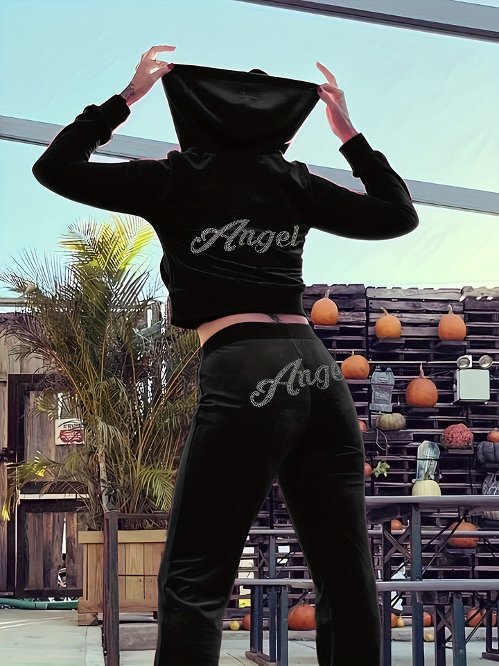 Rhinestone Anglel Print Hooded Velvet Tracksuits - Flossy Mom