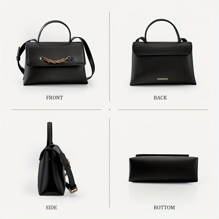 Black handbag shown from front, back, side, and bottom angles on a white background.
