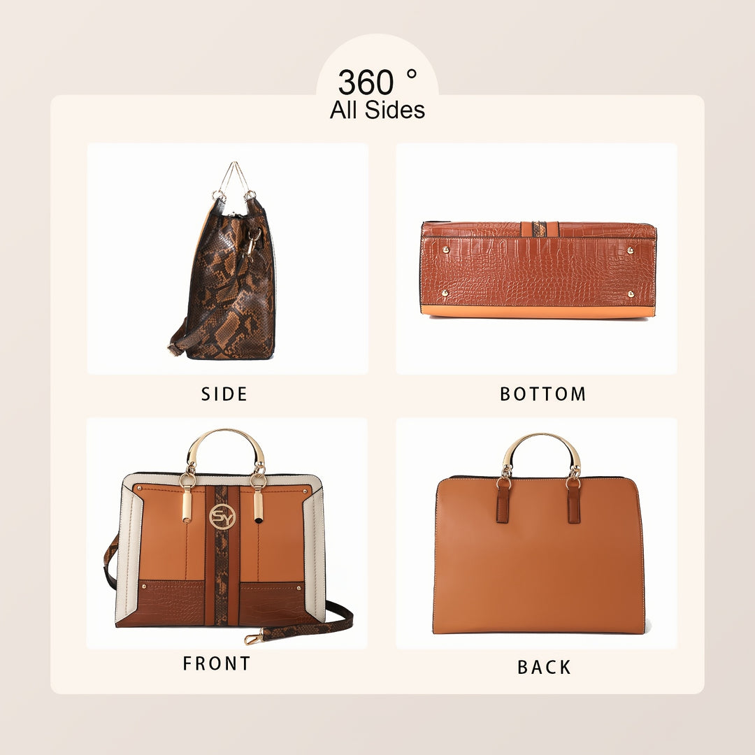 Brown leather bag displayed from multiple angles on a beige background