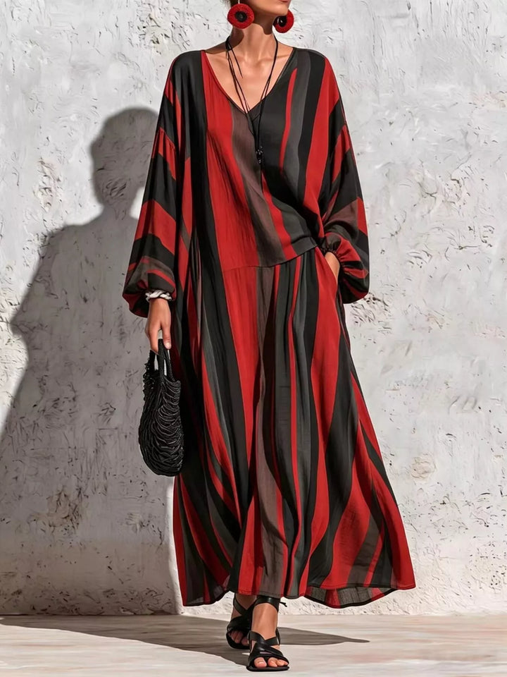 Women's Burgundy Striped Pants Set With Model's Hand In Side Pocket