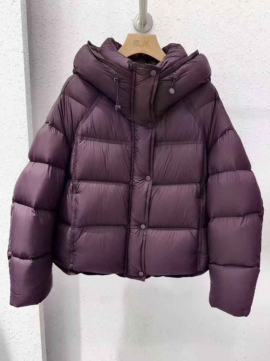 Women's plus size hooded puffer jacket, deep purple, centered front with hood and zipper