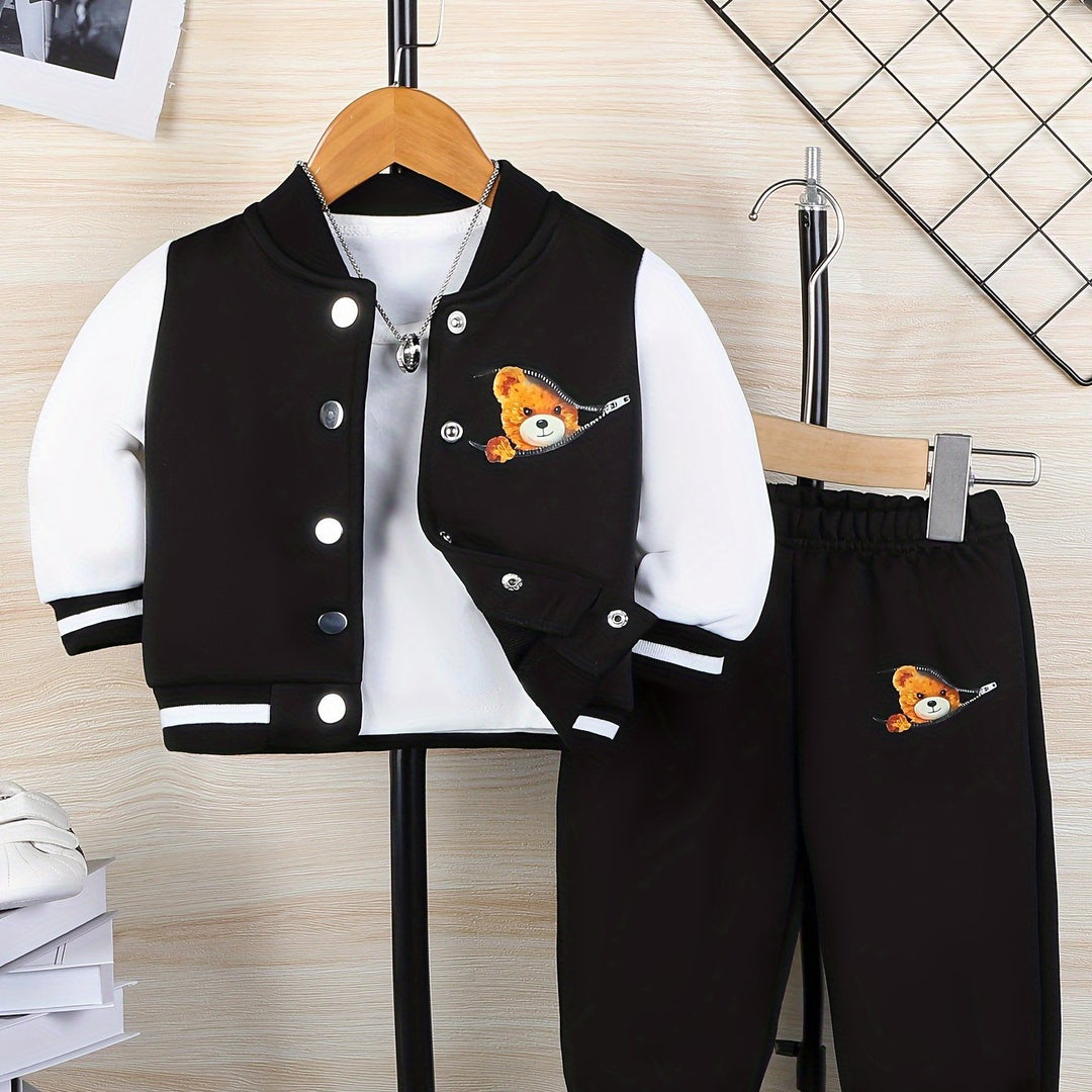 🐻 Cozy Peeking Bear Print Varsity Jacket + Pants - Flossy Mom