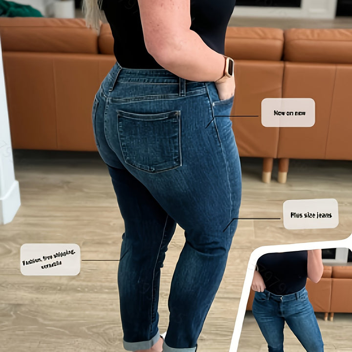 High-Waist Asymmetrical Hem Flared Plus Size Denim Jeans 👖✨ - Flossy Mom