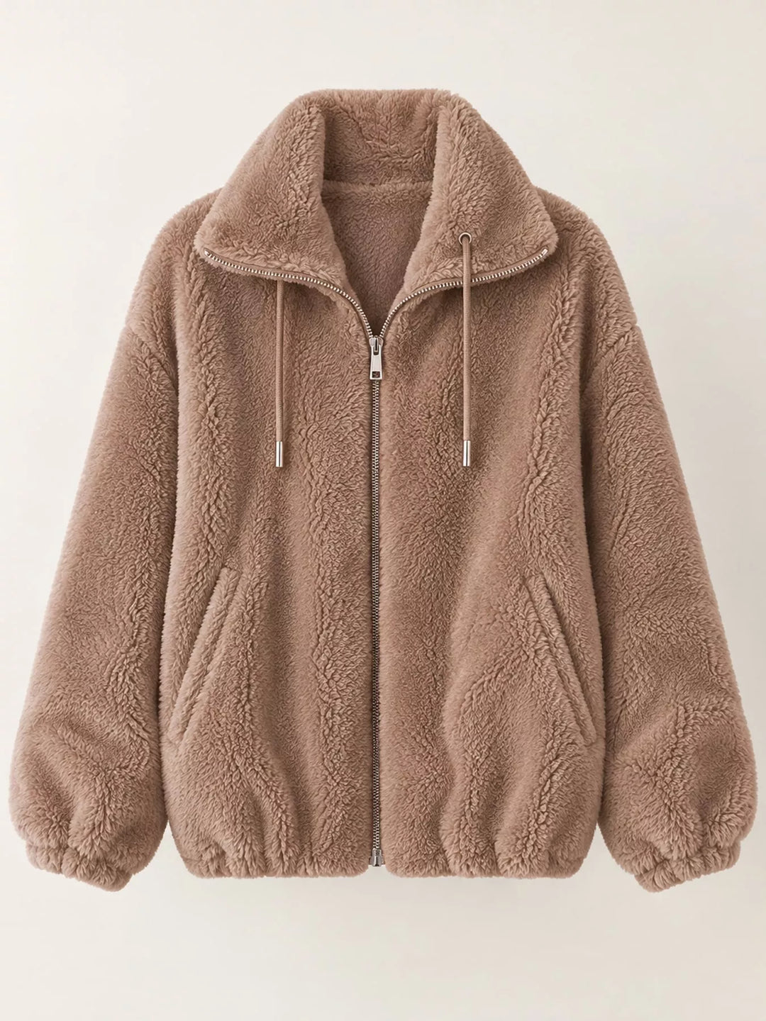 Taupe faux fur stand-collar zip jacket with drawstring cords and zipper front