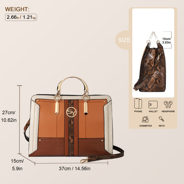 Brown handbag with measurements and size chart on a beige background