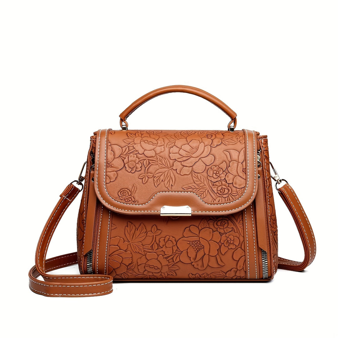 Adjustable Straps Embossed Floral Design PU Leather Bags - Flossy Mom