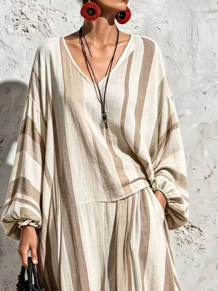 Women's Beige Striped Loose V-Neck Top With Gathered Long Sleeves, Close-Up