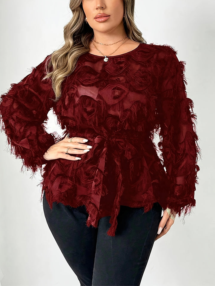 Boss-Lady Mesh Lace Belt Detail Plus Size Shirts - Flossy Mom